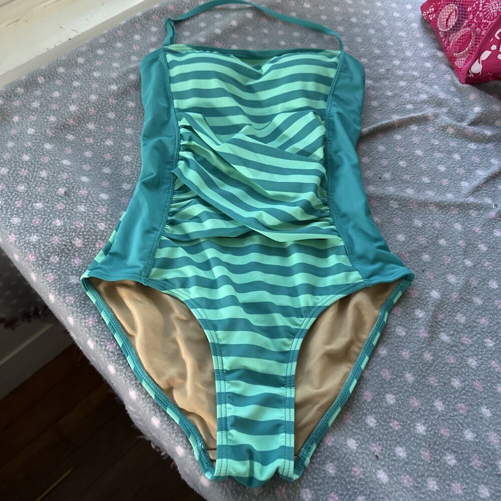 NWT DownEast Hampton Stripe Cockaloo 1pc Swimsuit Sz XS Green Turquoise Swim